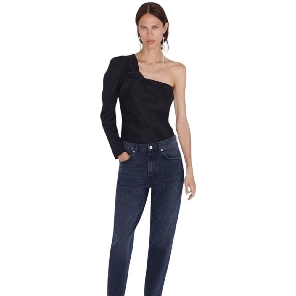 Zara One Shoulder Puff Sleeve Linen Blend Black Top - Size M